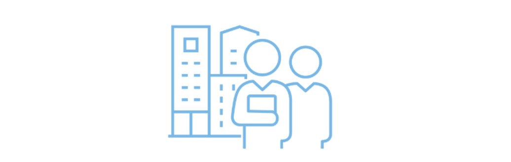 Icon zweier Personen vor einem Bürogebäude