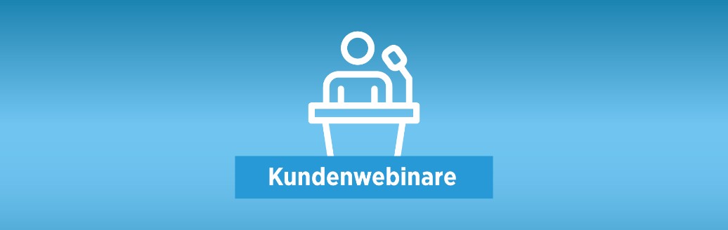 Icon einer Person am Pult und Schriftzug "Endkundenwebinare"