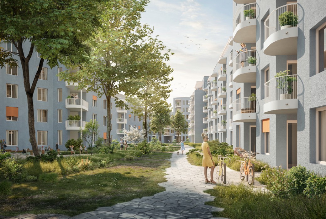 Computer-Visualisierung der Gartenanlage eines modernen Neubau-Komplexes Computer-Visualisierung der Gartenanlage eines modernen Neubau-Komplexes